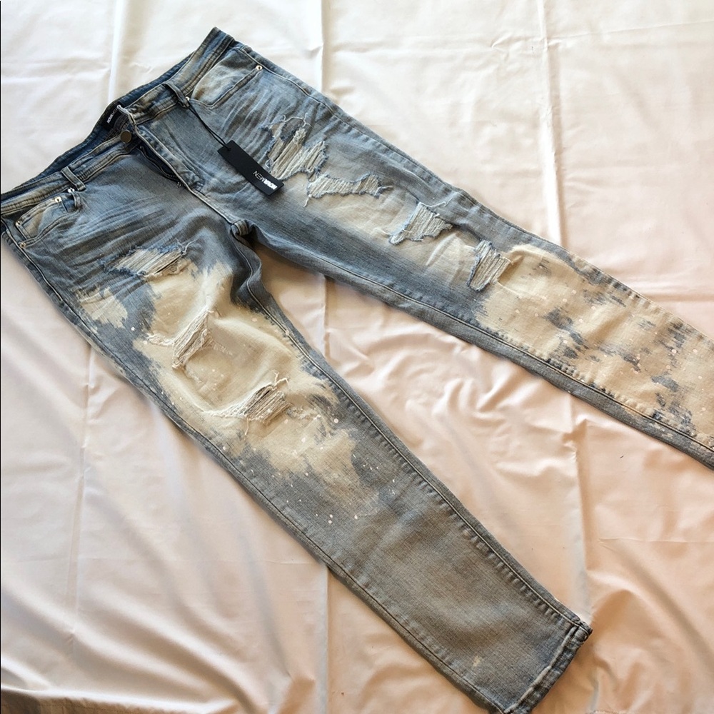 NWT: Fashion Nova Men's Distressed Light Blue Washed Slim Fit Jeans
